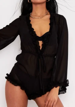 Jumpsuits & Playsuits*Missy Empire Averi Chiffon Ruffle Plunge Beach Playsuit Black