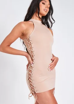 Mini Dresses|Party Dresses*Missy Empire Ayeisha Beige Lace Up Detail High Neck Racer Mini Dress