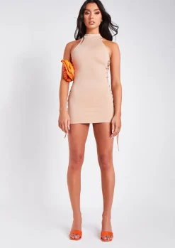 Mini Dresses|Party Dresses*Missy Empire Ayeisha Beige Lace Up Detail High Neck Racer Mini Dress