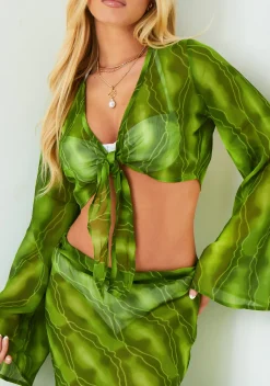 Tops|Co-Ords*Missy Empire Ayla Green Wide Sleeve Tie Front Top