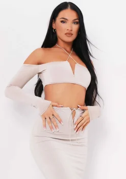 Tops|Co-Ords*Missy Empire Aziza Sand Halterneck V Bar Cold Shoulder Crop Top