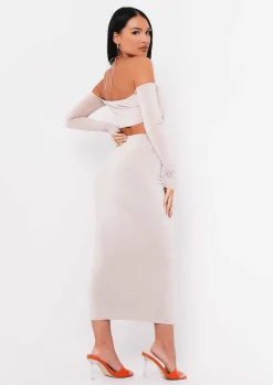 Tops|Co-Ords*Missy Empire Aziza Sand Halterneck V Bar Cold Shoulder Crop Top