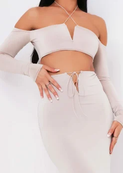 Tops|Co-Ords*Missy Empire Aziza Sand Halterneck V Bar Cold Shoulder Crop Top