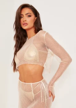 Tops|Co-Ords*Missy Empire Bailey Lurex Shimmer Fishnet Mesh Top Beige