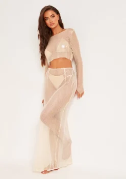 Tops|Co-Ords*Missy Empire Bailey Lurex Shimmer Fishnet Mesh Top Beige