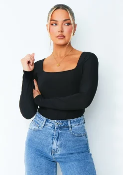 Tops|Bodysuits*Missy Empire Bailey Black Square Neck Long Sleeve Slinky Bodysuit