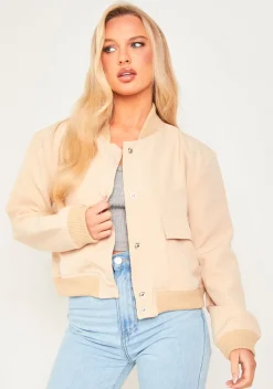 Airport Vibin'|Coats & Jackets*Missy Empire Becca Button Up Cropped Bomber Jacket Beige