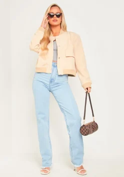 Airport Vibin'|Coats & Jackets*Missy Empire Becca Button Up Cropped Bomber Jacket Beige