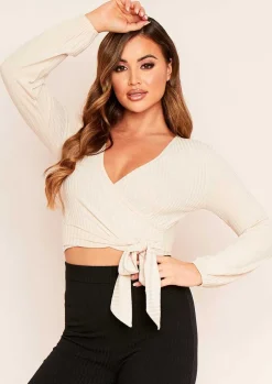 Tops*Missy Empire Bella Beige Wrap Front Ribbed Top