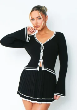 Concert Outfits|Tops*Missy Empire Bella Black Long Sleeve Cardigan With White Trim
