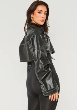 Concert Outfits|Coats & Jackets*Missy Empire Bethanie Black PU Contrast Seam Cropped Jacket