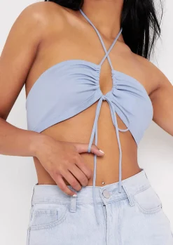 Tops*Missy Empire Bexli Cross Strap Ruched Bralet Blue