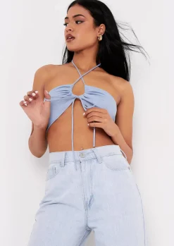 Tops*Missy Empire Bexli Cross Strap Ruched Bralet Blue