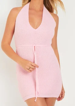 Knitted Dresses|Mini Dresses*Missy Empire Billie Pink Knitted Halter Neck Mini Dress Baby Pink