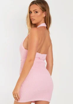 Knitted Dresses|Mini Dresses*Missy Empire Billie Pink Knitted Halter Neck Mini Dress Baby Pink