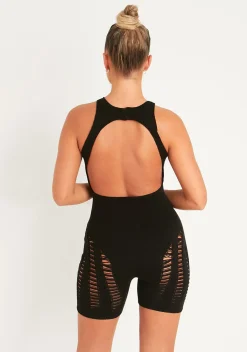 Rave Outfits|Concert Outfits*Missy Empire Jazmyn Racer Knit Laddered Unitard Black