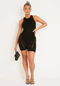 Rave Outfits|Concert Outfits*Missy Empire Jazmyn Racer Knit Laddered Unitard Black