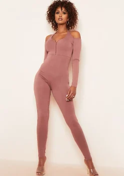 Jumpsuits & Playsuits*Missy Empire Bonnie Mocha Halterneck Cut Out Long Sleeve Zip Up Jumpsuit