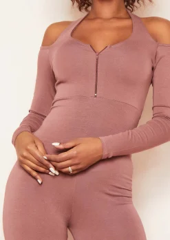 Jumpsuits & Playsuits*Missy Empire Bonnie Mocha Halterneck Cut Out Long Sleeve Zip Up Jumpsuit