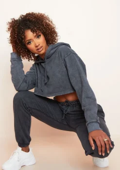 Airport Vibin'|Loungewear*Missy Empire Brianne Charcoal Washed Cropped Hoodie