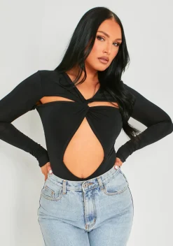 Rave Outfits|Tops*Missy Empire Bronte Black Cut Out Asymmetric Long Sleeve Bodysuit