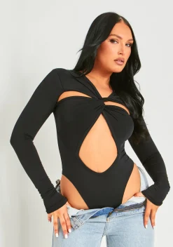 Rave Outfits|Tops*Missy Empire Bronte Black Cut Out Asymmetric Long Sleeve Bodysuit