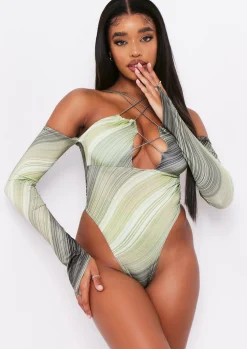 Tops|Bodysuits*Missy Empire Brooklyn Print Slinky Cross Over Bodysuit Green