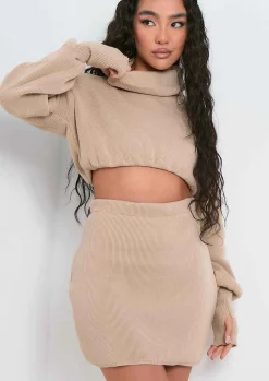Knitwear|Co-Ords*Missy Empire Brylee Cropped Knitted Jumper Co-ord Beige