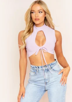 Rave Outfits|Tops*Missy Empire Caera Key Hole Lace Up High Neck Crop Top Lilac