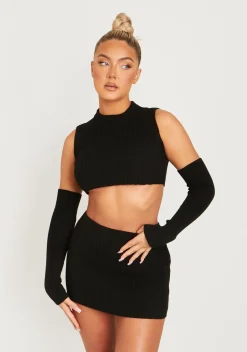 Rave Outfits|Concert Outfits*Missy Empire Cali Knitted Crop Top With Separate Sleeves Black