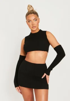 Rave Outfits|Concert Outfits*Missy Empire Cali Knitted Crop Top With Separate Sleeves Black