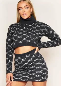 Knitwear|Co-Ords*Missy Empire Carly Charcoal Print Knitted Roll Neck Cropped Jumper