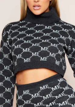 Knitwear|Co-Ords*Missy Empire Carly Charcoal Print Knitted Roll Neck Cropped Jumper