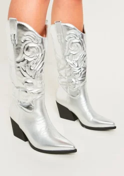 Boots|Heels*Missy Empire Carmella Cowboy Boots Silver