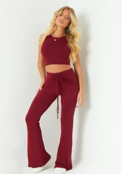 The Party Edit|Trousers*Missy Empire Carmen Wine Ruched Front Fold Over Trouser Red