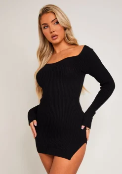 Little Black Dresses|Knitted Dresses*Missy Empire Carrie Black Knit Sweetheart Neckline Mini Dress
