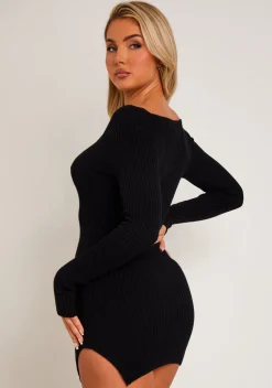 Little Black Dresses|Knitted Dresses*Missy Empire Carrie Black Knit Sweetheart Neckline Mini Dress