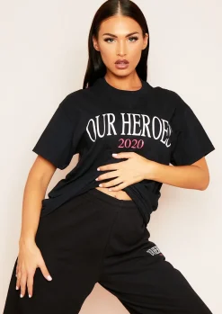 Airport Vibin'|Tops*Missy Empire Cassandra Black "Our Heroes" Oversized T-Shirt