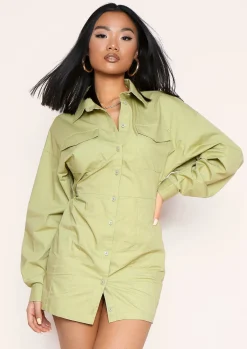 Shirt Dresses|Long Sleeve Dresses*Missy Empire Cecilia Green Pocket Front Back Detail Shirt Dress Sage