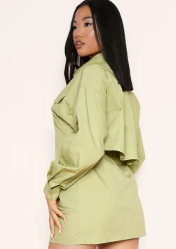 Shirt Dresses|Long Sleeve Dresses*Missy Empire Cecilia Green Pocket Front Back Detail Shirt Dress Sage
