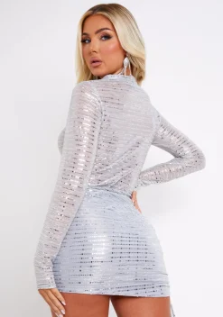 The Party Edit|Tops*Missy Empire Celeste Sheer Sequin Detail High Neck Bodysuit With Thumb Hole Silver