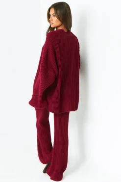 Airport Vibin'|Loungewear*Missy Empire Chantelle Wine Chunky Knit Cardigan & Trouser Co-Ord Set Red