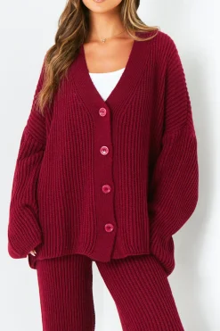 Airport Vibin'|Loungewear*Missy Empire Chantelle Wine Chunky Knit Cardigan & Trouser Co-Ord Set Red