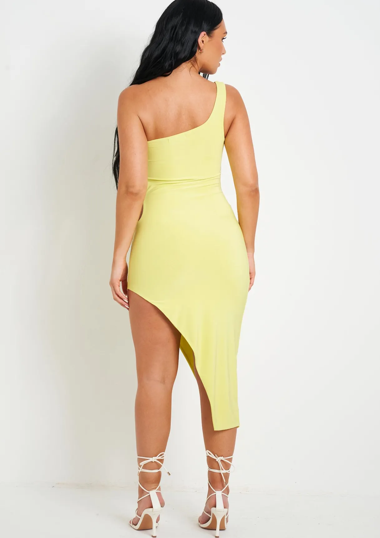 Midi Dresses|Going Out Dresses*Missy Empire Chantria Lime Double Layer Slinky Cut Out One Shoulder Midi Dress