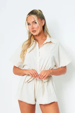 Jumpsuits & Playsuits*Missy Empire Charley Beige Tie Waist Plunge V Neck Playsuit