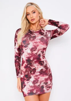 Mini Dresses|Party Dresses*Missy Empire Charlotte Smoke Print Cut Out Back Mini Dress Burgundy