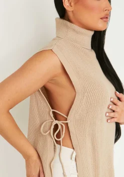 Tops|Knitwear*Missy Empire Cheryl Knitted Roll Neck Tie Side Vest Beige