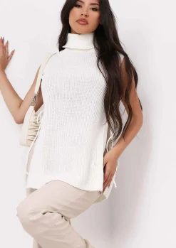 Tops|Knitwear*Missy Empire Cheryl Knitted Roll Neck Tie Side Vest Cream