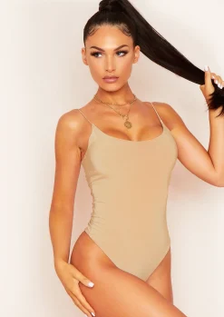 Tops|Bodysuits*Missy Empire Chi Slinky Double Thickness Strappy Bodysuit Beige