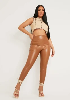 Leggings*Missy Empire Chloe Croc Print High Waisted Vegan Leather Leggings Camel